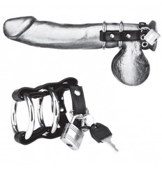 Двойное металлическое кольцо на пенис с замком на ремне