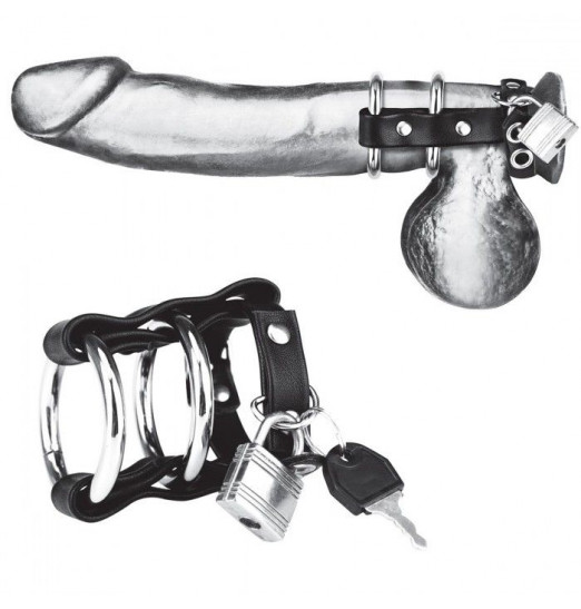 Двойное металлическое кольцо на пенис с замком на ремне