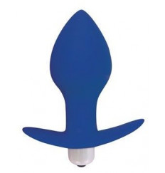 Синяя коническая анальная вибровтулка с ограничителем - 8 см.