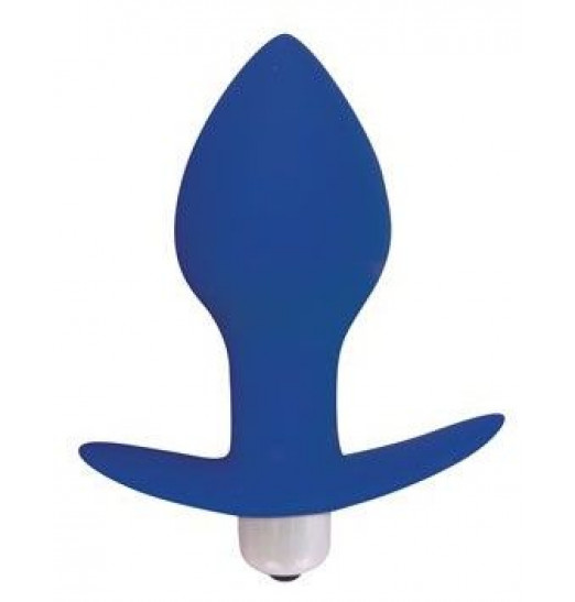 Синяя коническая анальная вибровтулка с ограничителем - 8 см.