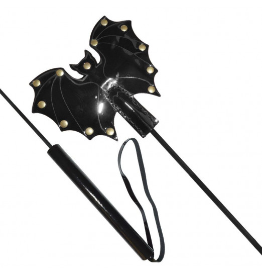 Стек с черным лаковым кожаным шлепком в виде летучей мыши - 60 см.