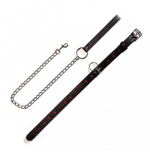 Ошейник с сердечками на металлическом поводке с ручкой