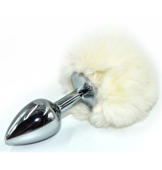 Серебристая округлая анальная пробка с заячьим хвостиком белого цвета - 11,5 см.