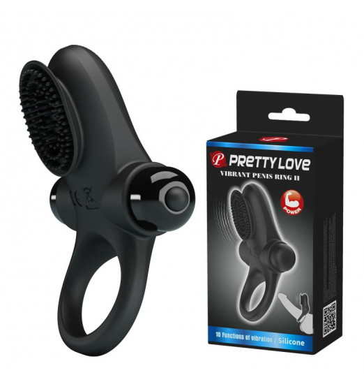 Черное эрекционное виброкольцо в клиторальной щеточкой Vibrant Penis Ring II