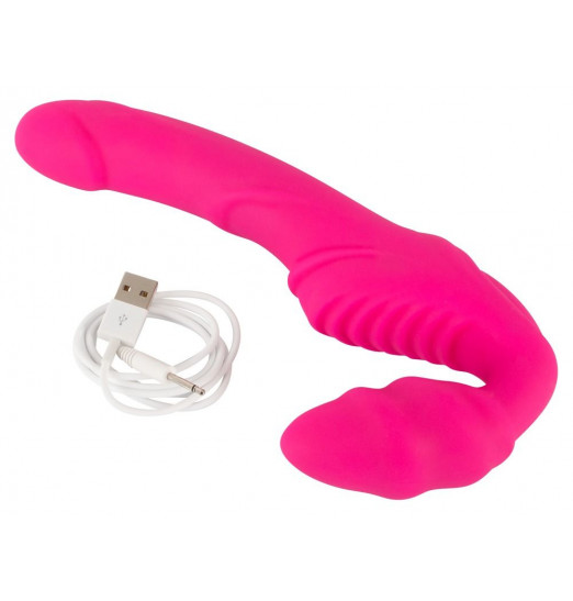 Розовый безремневой страпон с вибрацией
