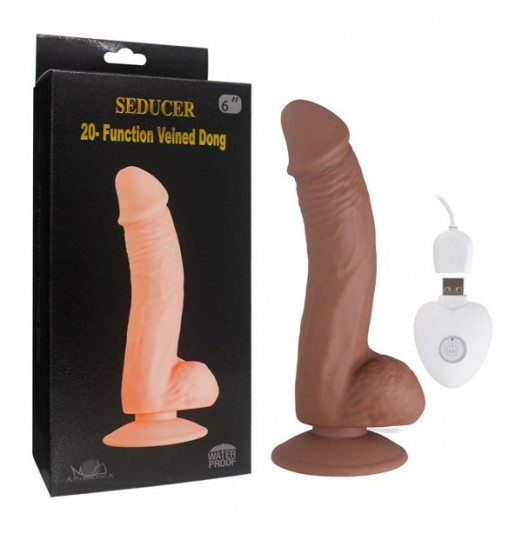 Коричневый вибратор SEDUCER 20 Function Veined Dong - 20 см.