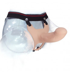 Телесный полый фаллопротез на черных лентах - 15,5 см.