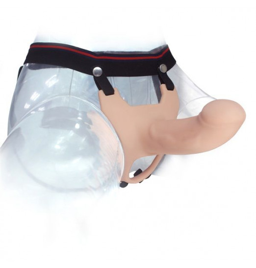 Телесный полый фаллопротез на черных лентах - 15,5 см. Телесный полый фаллопротез на черных лентах - 15,5 см.