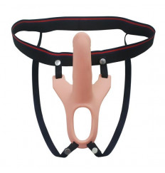 Телесный полый фаллопротез на черных лентах - 15,5 см.