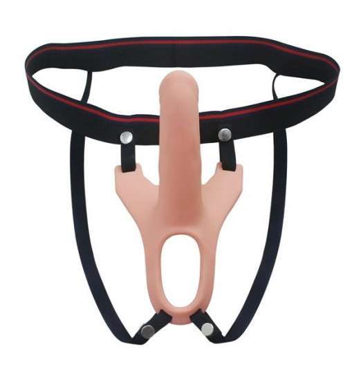 Телесный полый фаллопротез на черных лентах - 15,5 см. Телесный полый фаллопротез на черных лентах - 15,5 см.