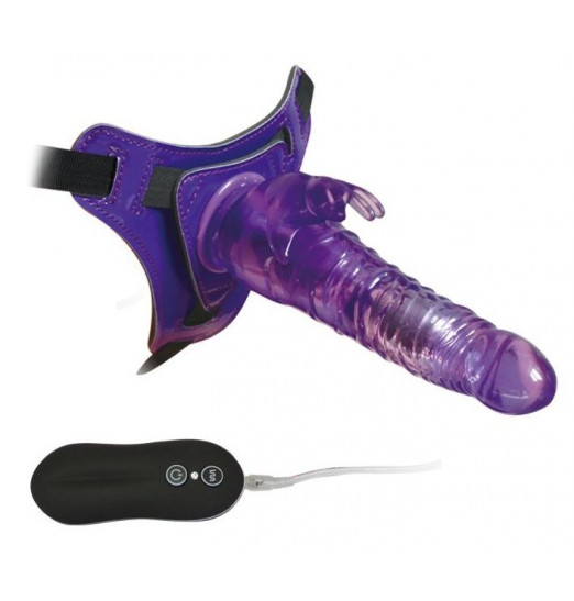 Фиолетовый страпон 10 Mode Vibrations 8.5  Harness Rabbit Dong - 19 см.