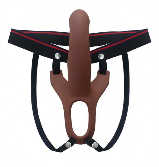 Коричневый полый фаллопротез на лентах - 14,5 см. Коричневый полый фаллопротез на лентах - 14,5 см.