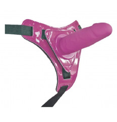 Розовый страпон на лакированных трусиках - 12 см.