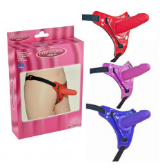 Фиолетовый страпон на лакированных трусиках - 12 см.