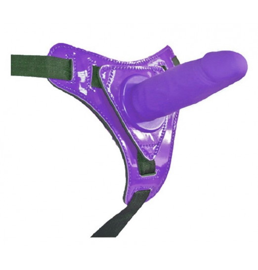 Фиолетовый страпон на лакированных трусиках - 12 см.