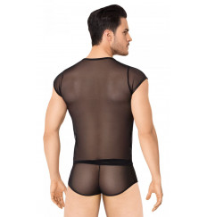 Соблазнительный костюм-сетка в тонкую полоску из wet-look материала