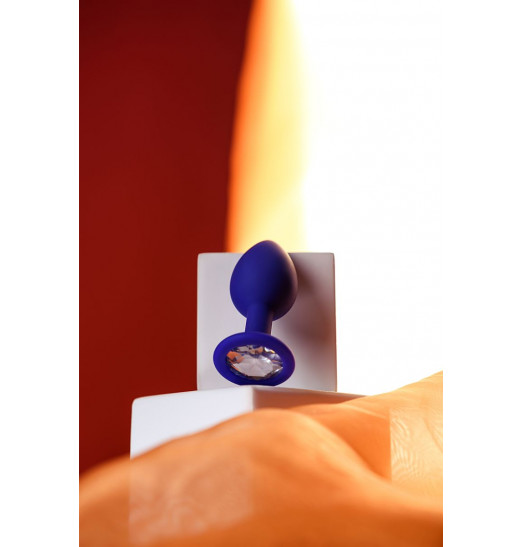 Синяя силиконовая анальная пробка Brilliant с прозрачным кристалллом - 7 см.