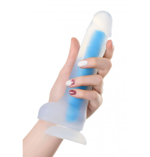 Прозрачно-синий фаллоимитатор, светящийся в темноте, Steve Glow - 20 см.