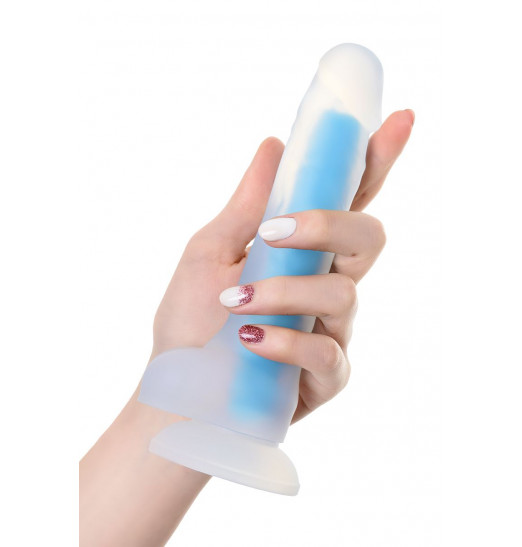 Прозрачно-синий фаллоимитатор, светящийся в темноте, Matt Glow - 18 см.