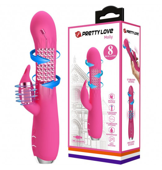 Розовый вибратор Molly с вращающимися бусинами - 20,5 см.
