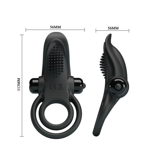 Черное силиконовое эрекционное кольцо с вибрацией и подхватом мошонки