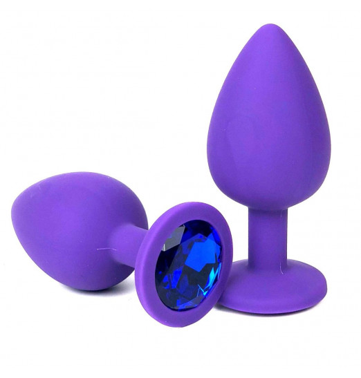 Фиолетовая анальная пробка с синим стразом - 9,2 см.