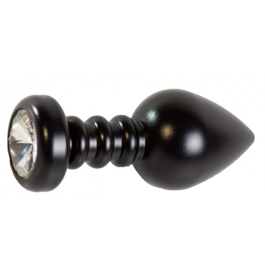 Черная рельефная анальная пробка с прозрачным стразом - 9 см.