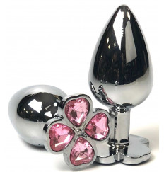 Серебристая анальная втулка с клевером из нежно-розовых кристаллов - 9 см. Серебристая анальная втулка с клевером из нежно-розовых кристаллов - 9 см.