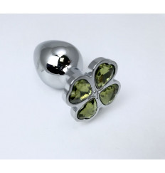 Серебристая анальная втулка с клевером из лаймовых кристаллов - 8 см.