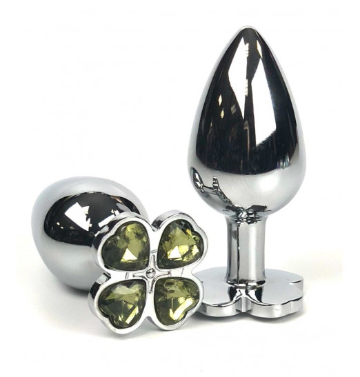 Серебристая анальная втулка с клевером из лаймовых кристаллов - 9 см.