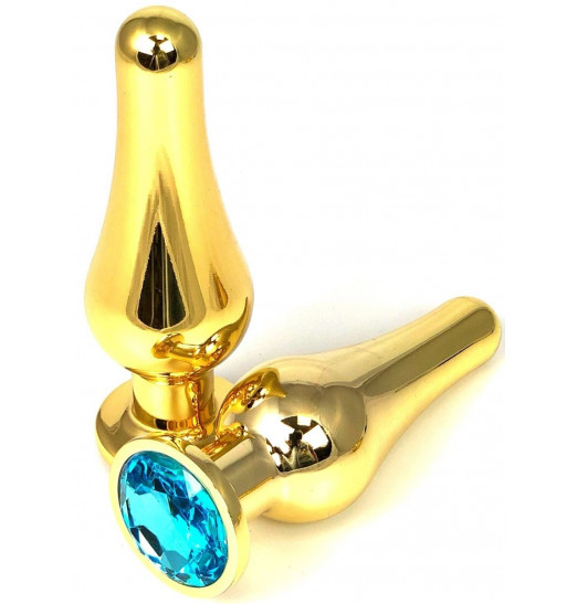 Золотистая удлиненная анальная пробка с голубым кристаллом - 11,5 см.