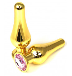 Золотистая удлиненная анальная пробка с нежно-розовым кристаллом - 11,5 см. Золотистая удлиненная анальная пробка с нежно-розовым кристаллом - 11,5 см.