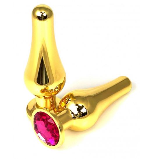 Золотистая удлиненная анальная пробка с розовым кристаллом - 11,5 см.