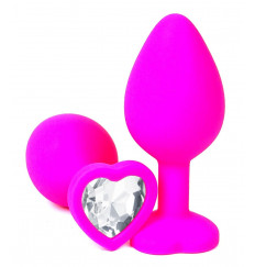 Розовая силиконовая пробка с прозрачным кристаллом-сердцем - 10,5 см. Розовая силиконовая пробка с прозрачным кристаллом-сердцем - 10,5 см.