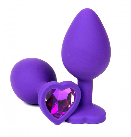Фиолетовая силиконовая анальная пробка с фиолетовым стразом-сердцем - 10,5 см.