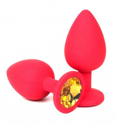 Красная силиконовая анальная пробка с оранжевым стразом - 9,2 см. Красная силиконовая анальная пробка с оранжевым стразом - 9,2 см.