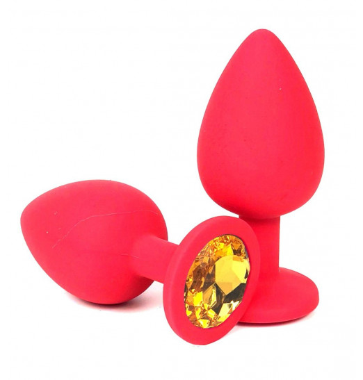 Красная силиконовая анальная пробка с оранжевым стразом - 9,2 см.