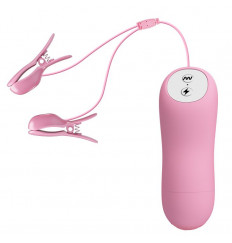 Нежно-розовые зажимы на соски с вибрацией и электростимуляцией