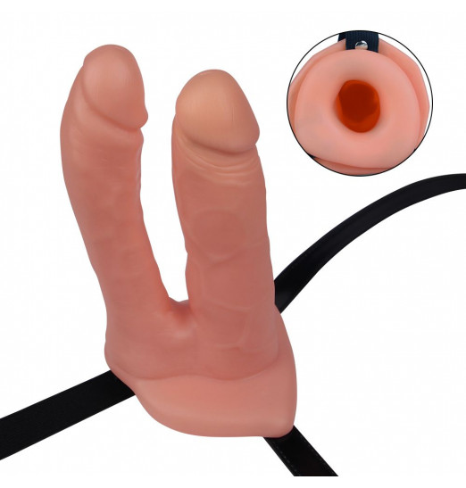 Телесный полый страпон с двумя отростками - 16,5 см.