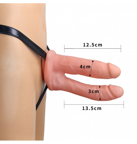 Телесный полый страпон с двумя отростками - 16,5 см.