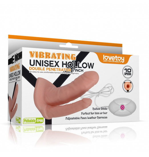 Телесный полый вибрострапон с двумя отростками - 17,8 см.