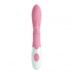 Нежно-розовый вибратор с клиторальным отростком и ребрами Pete - 20 см.