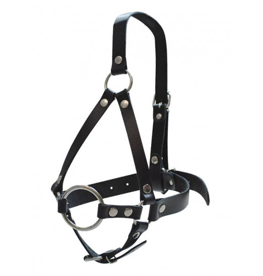 Кляп-рамка со сбруей на голову из черных кожаных ремешков