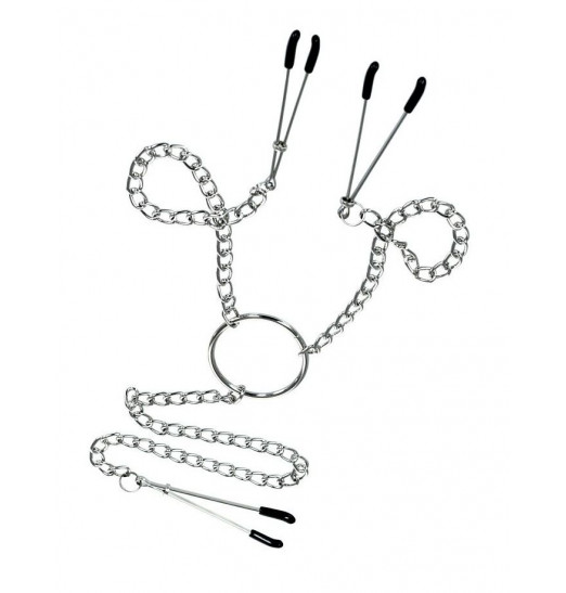 Серебристые зажимы для сосков и клитора на цепочке