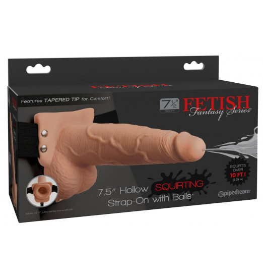 Телесный полый страпон с имитацией эякуляции 7.5  Hollow Squirting Strap-On with Balls - 21,6 см.