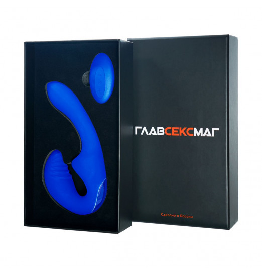 Синий безремневой страпон с пультом ДУ - 17,5 см.