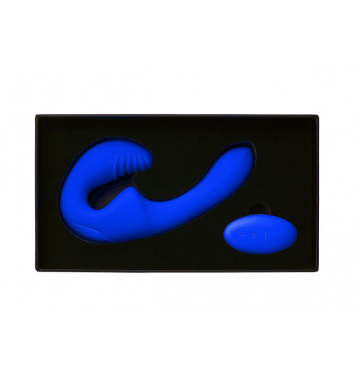 Синий безремневой страпон с пультом ДУ - 17,5 см.