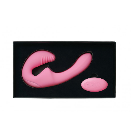 Нежно-розовый безремневой страпон с пультом ДУ - 17,5 см.