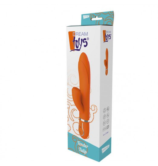 Оранжевый вибратор TENDER TULIP со стимулятором клитора - 22 см.