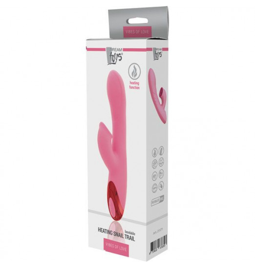 Розовый вибратор с клиторальным стимулятором и нагревом HEATING SNAIL TRAIL - 24 см.